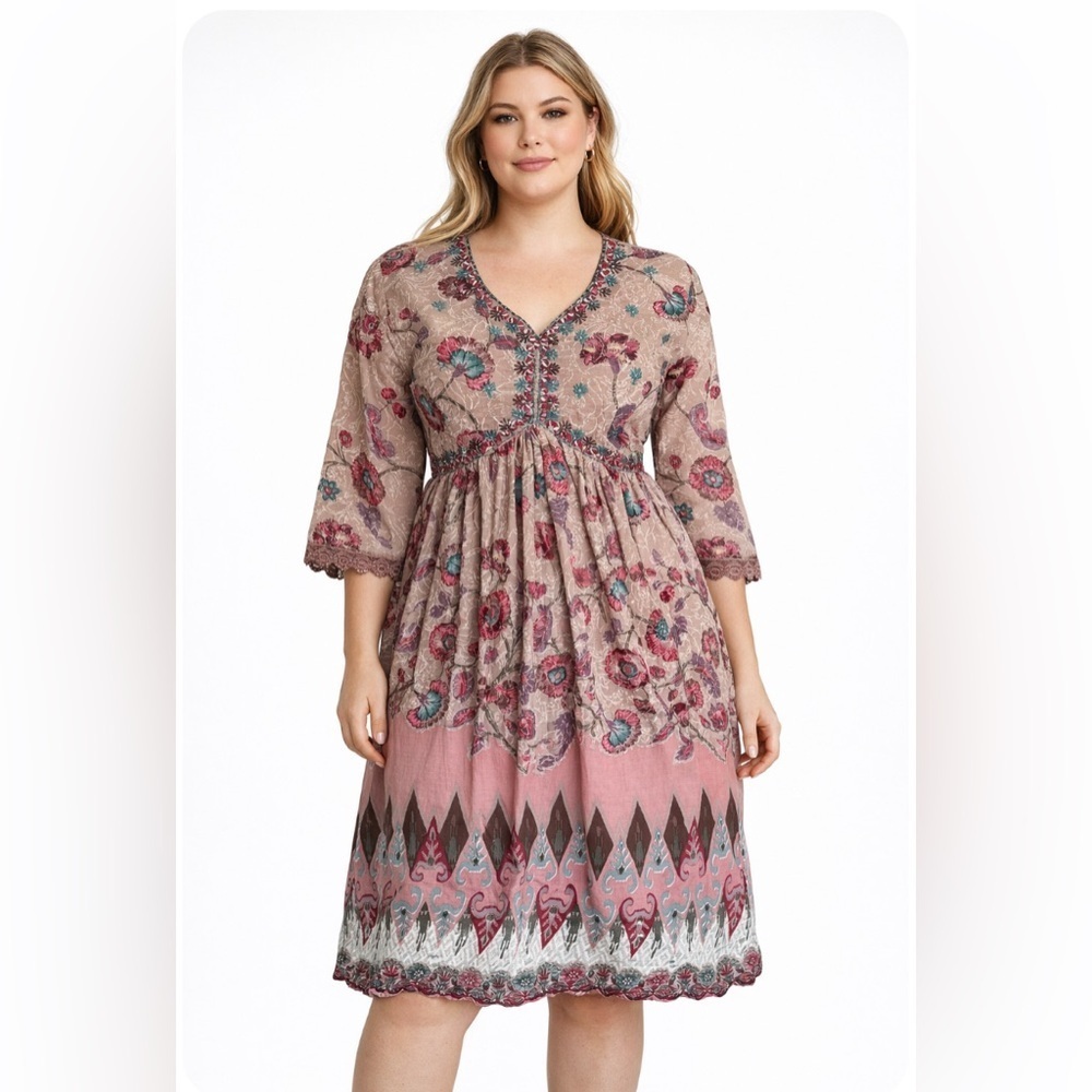 Boho Coastal Cottagecore Embroidery Floral Midi Dress Floral Size S Festival